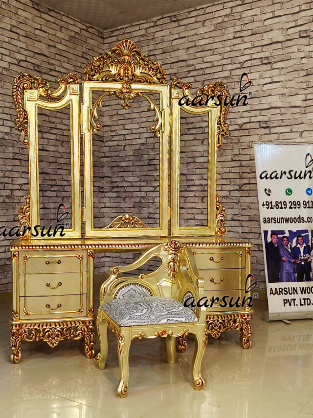 Wooden-Dresser-in-Gold-Polish-with-Stool